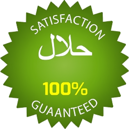 Green starburst badge with the text 'Satisfaction 100% Guaranteed' and 'Halal' in Arabic in the center.